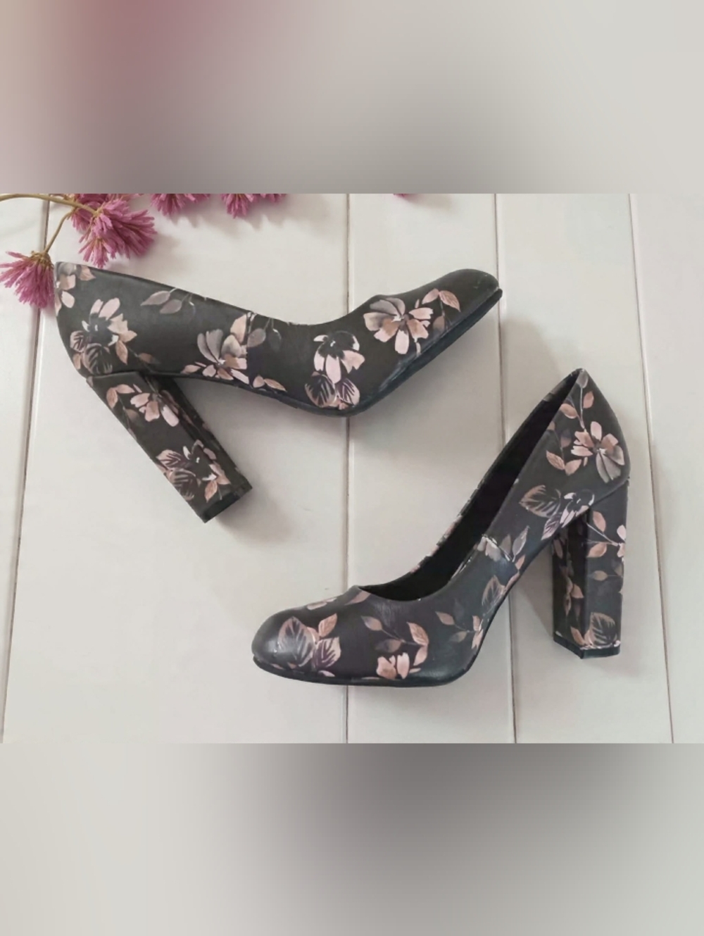 Le Chateau Black and Pink Floral Heels